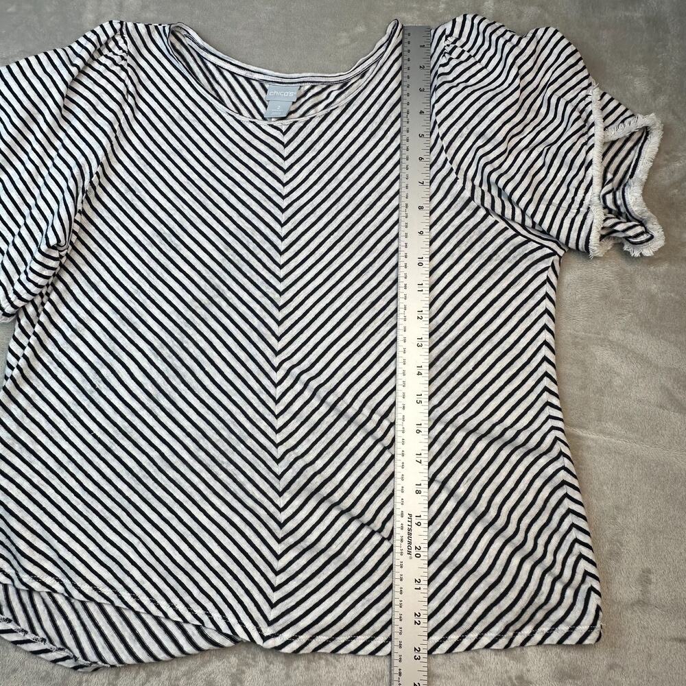 Chicos Women's Linen‎ Short Sleeve Top Nautical Navy White Stripe Fringed Size 2 - Picture 10 of 16